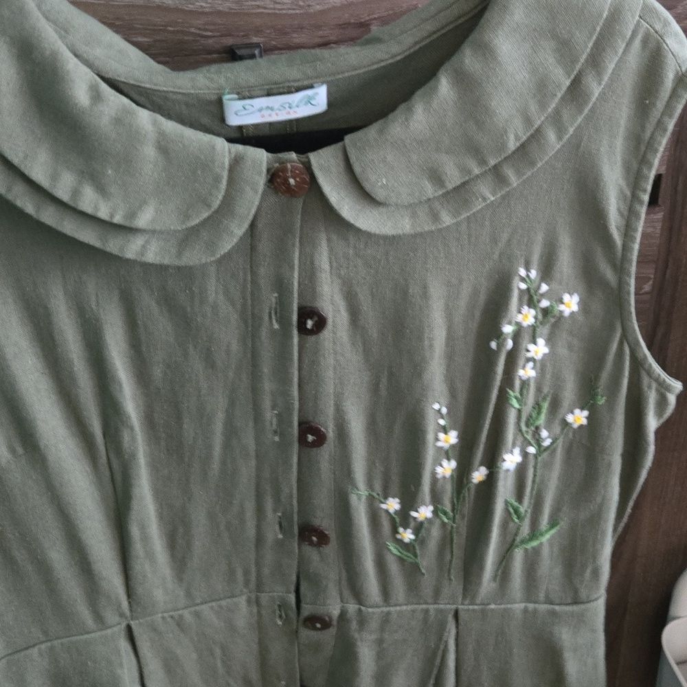 Emsilk Design Hand Embroidered Linen Dress: Olive Green Floral Tea Dress - Picture 5 of 8